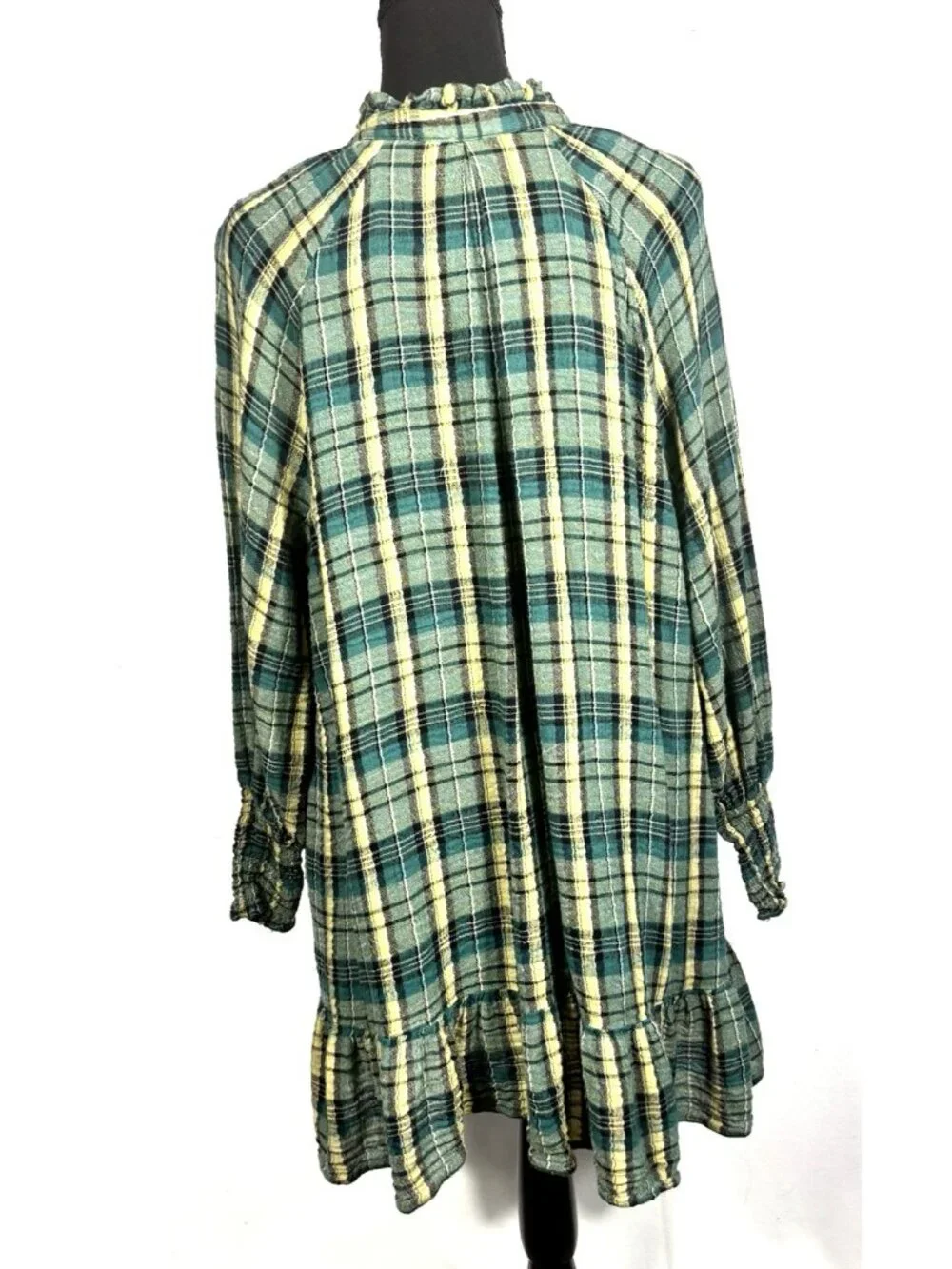 Free People XS Alexa Green Blue Plaid Tunic Mini Dress Camisole Boho Long Sleeve